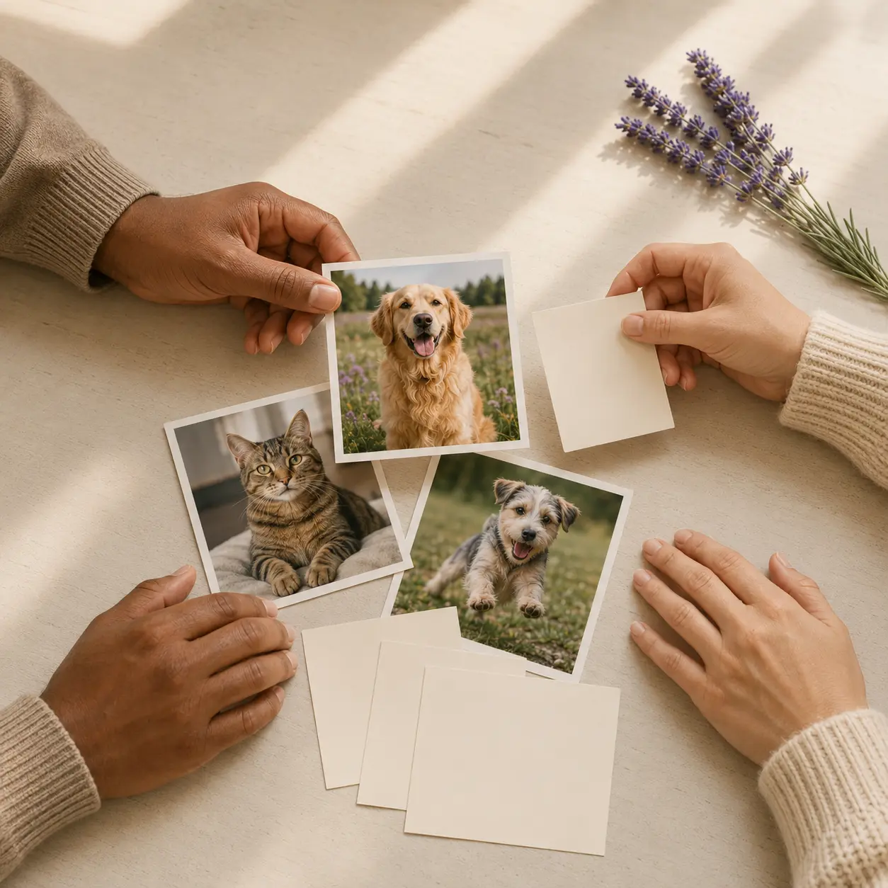 Family hands sharing pet photographs and blank memory cards