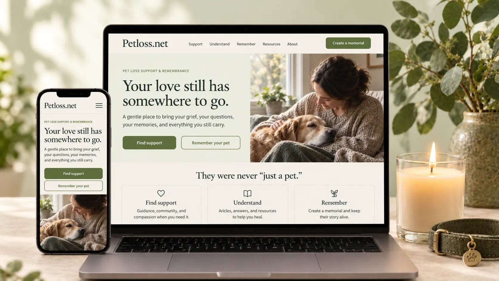 Petloss.net memorial and grief-support website displayed on a laptop and phone beside a remembrance candle.