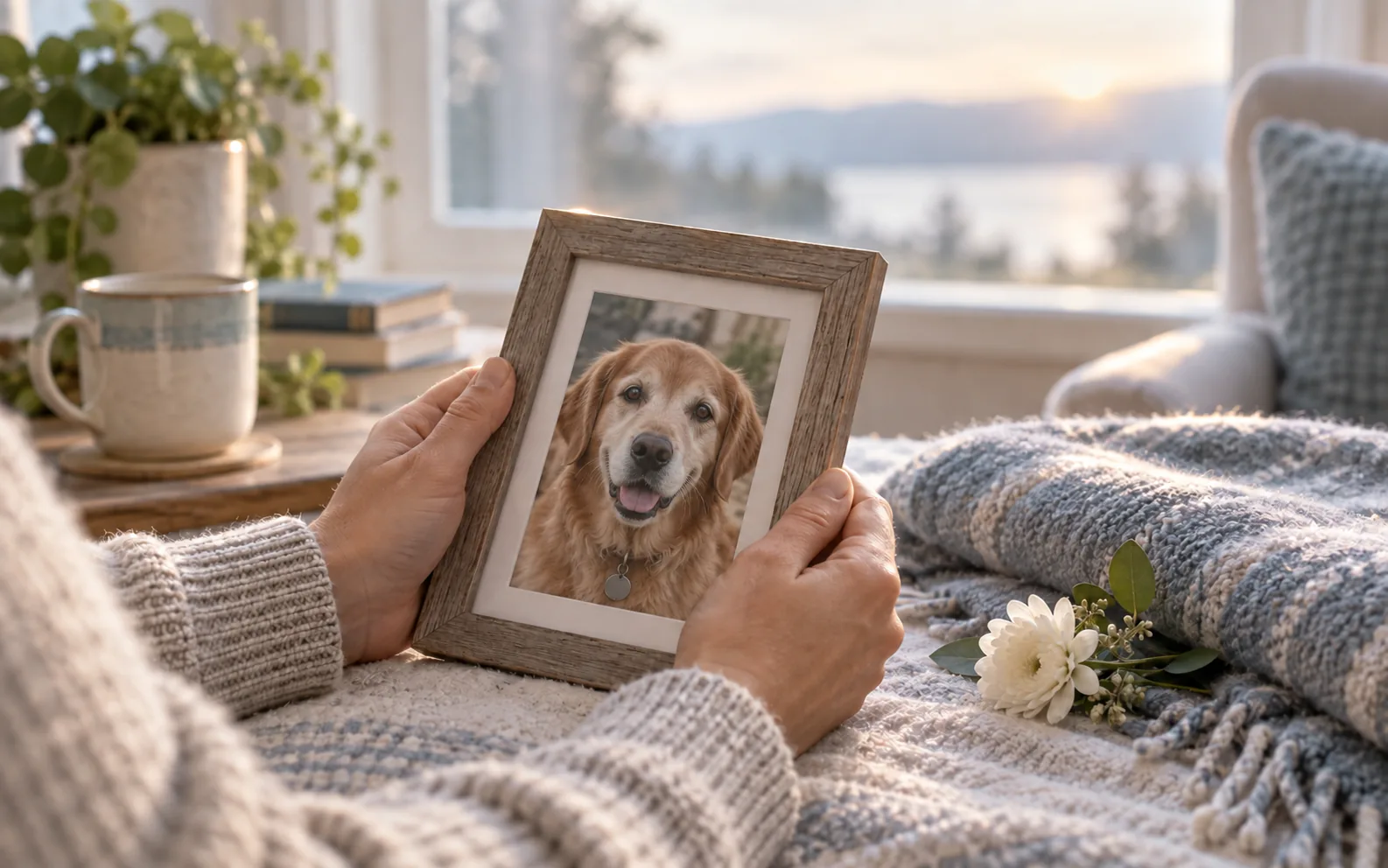 Framed portrait of a golden retriever held in caring hands, representing pet loss remembrance.