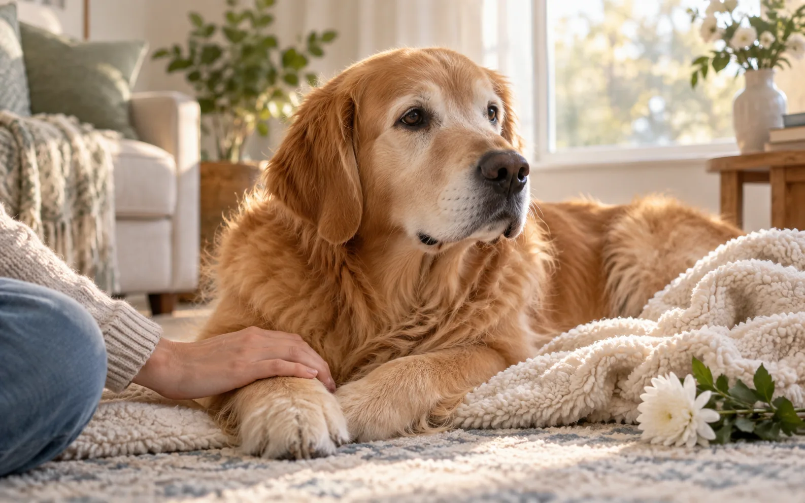 Golden retriever resting beside a blanket with a comforting hand, representing pet loss grief support.
