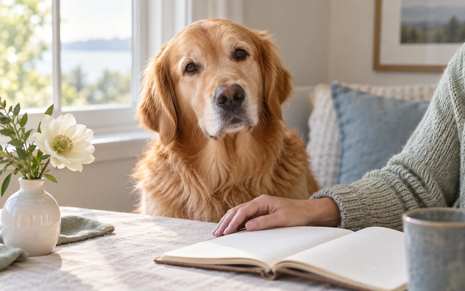 Golden retriever beside a journal and comforting hand, representing support for pet loss guilt and difficult decisions.