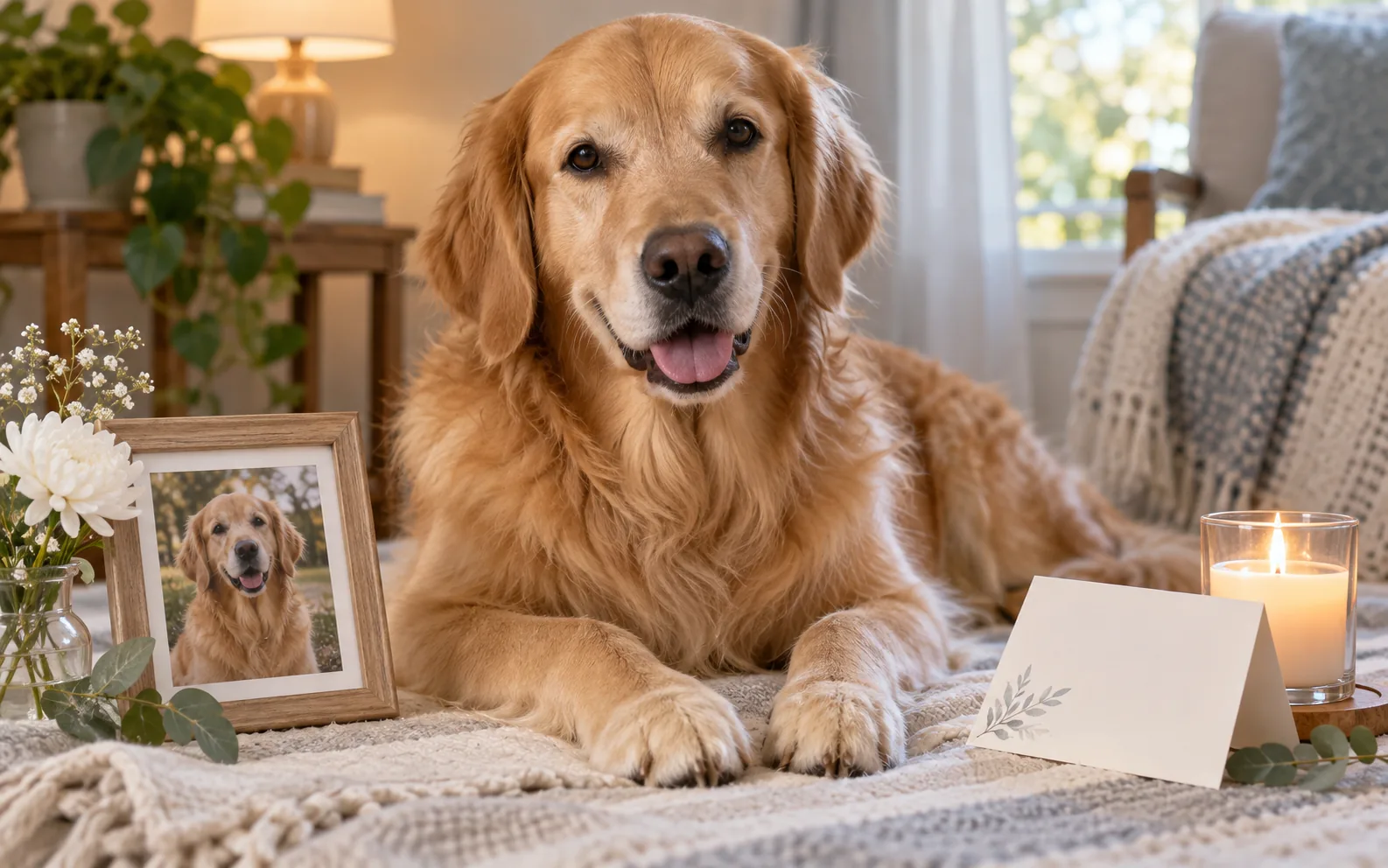 Golden retriever beside a candle, framed photo, and condolence card, representing memorial and expression tools.
