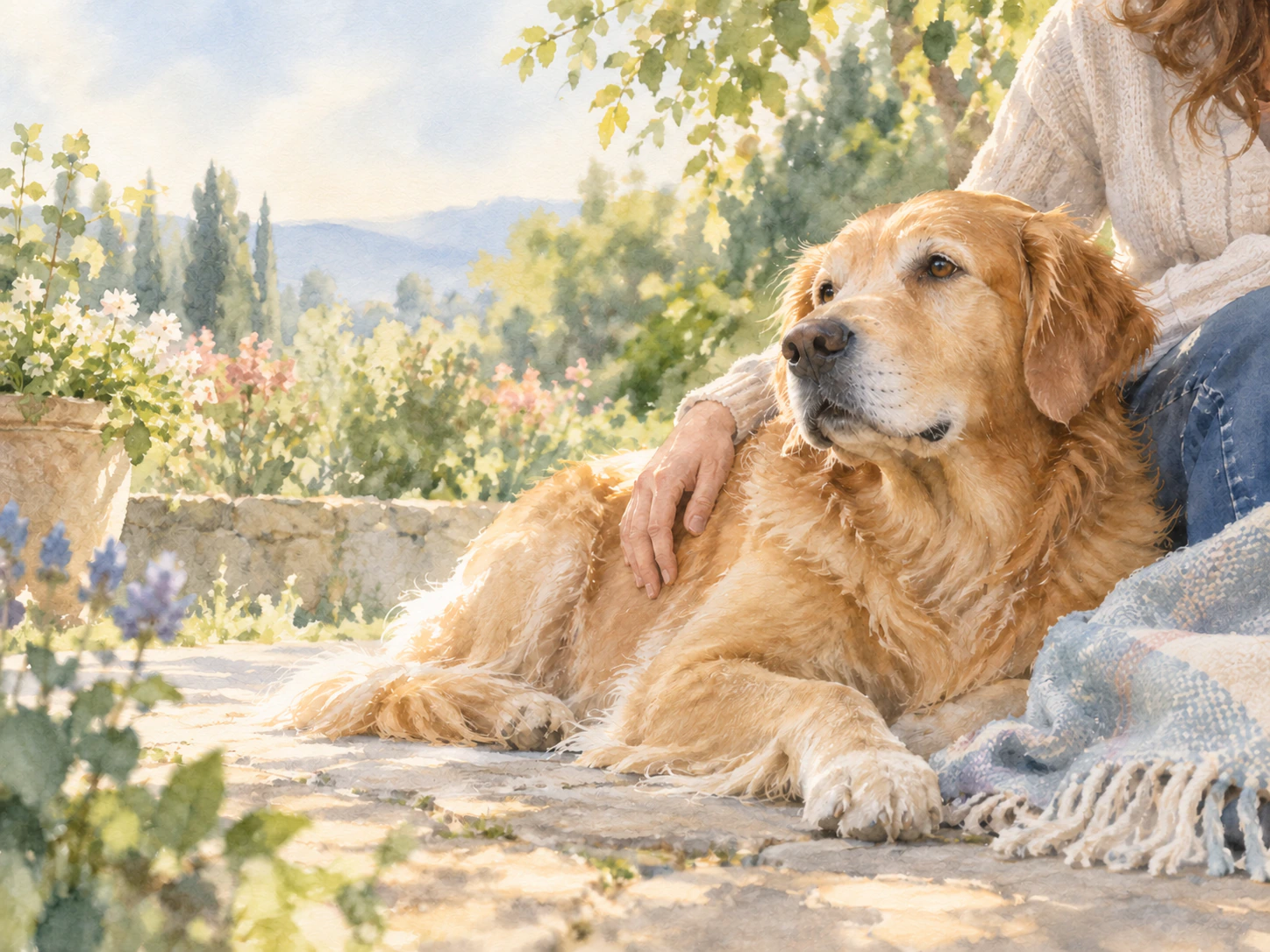 A golden retriever resting peacefully beside their person in a sunlit garden