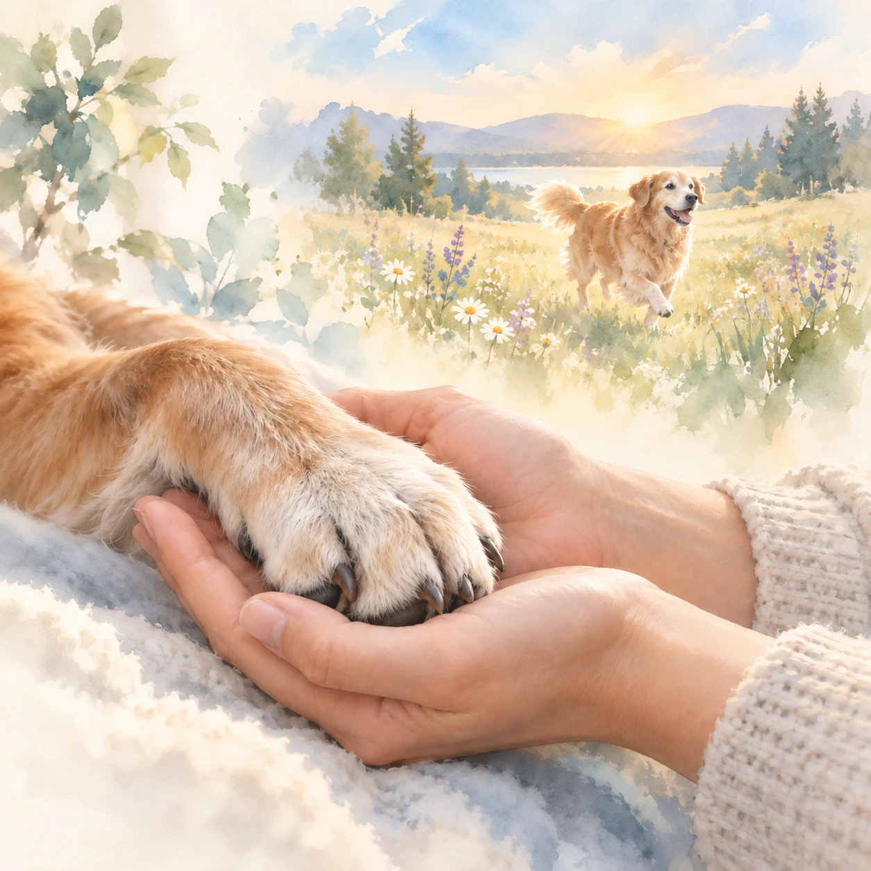 A beloved dog’s paw resting gently in caring hands with a joyful meadow memory behind