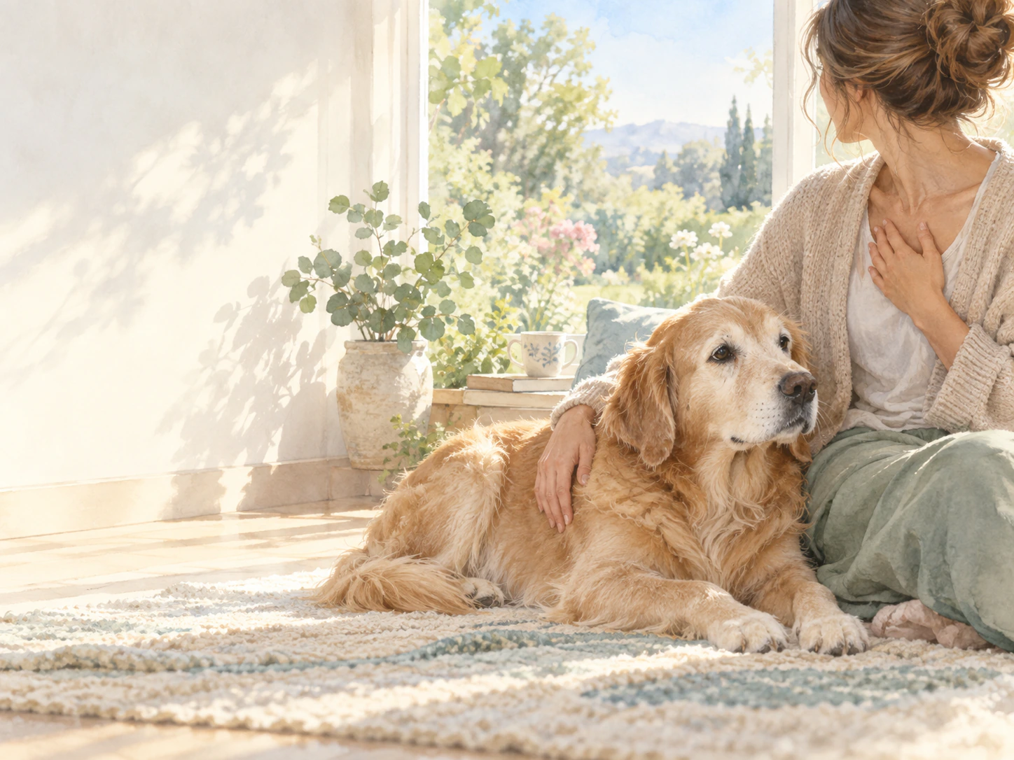 A person sitting quietly with a senior golden retriever in warm morning light