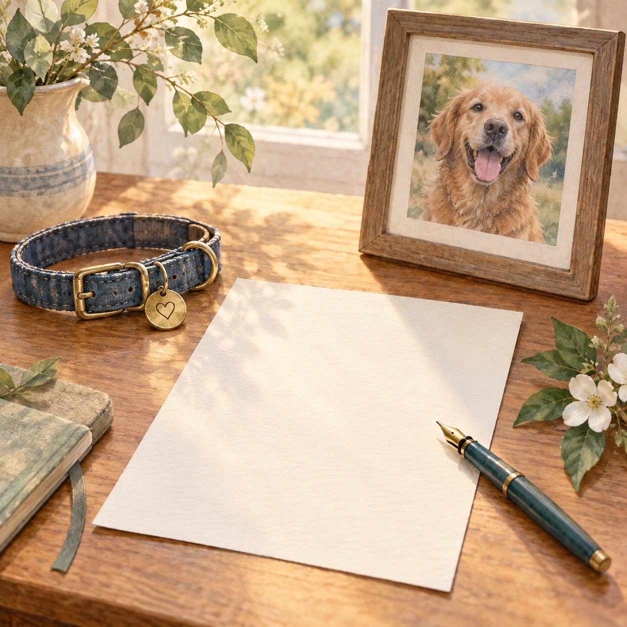 A blank letter beside a dog collar and a framed photograph of a joyful golden retriever