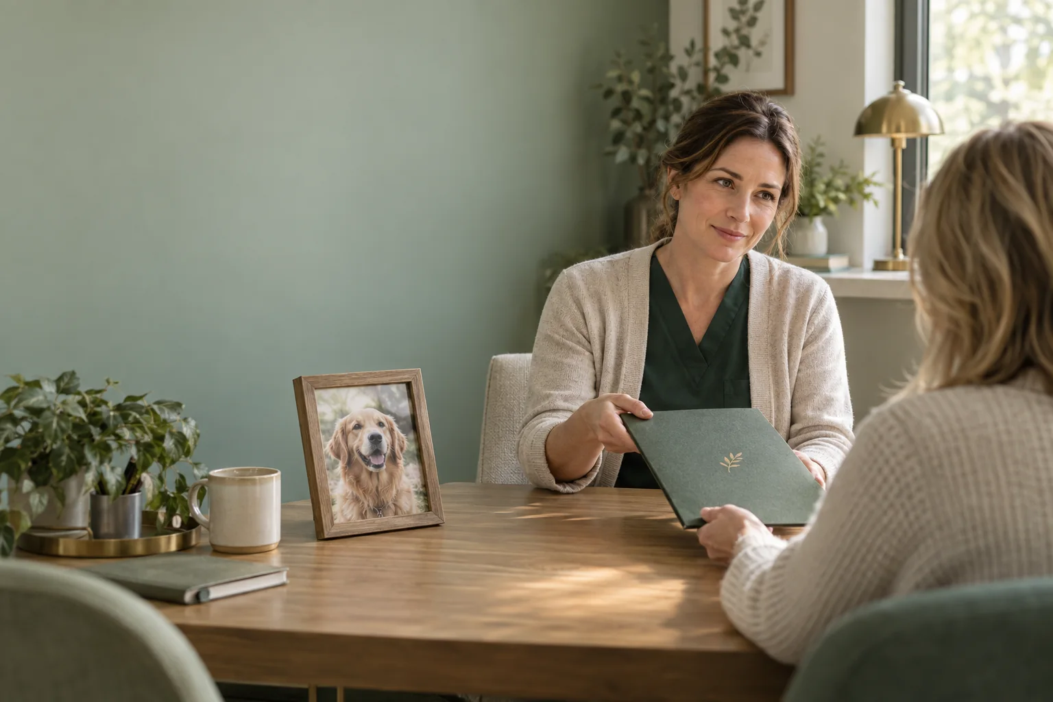 Veterinary professional gently offering an aftercare folder beside a framed Golden Retriever photograph