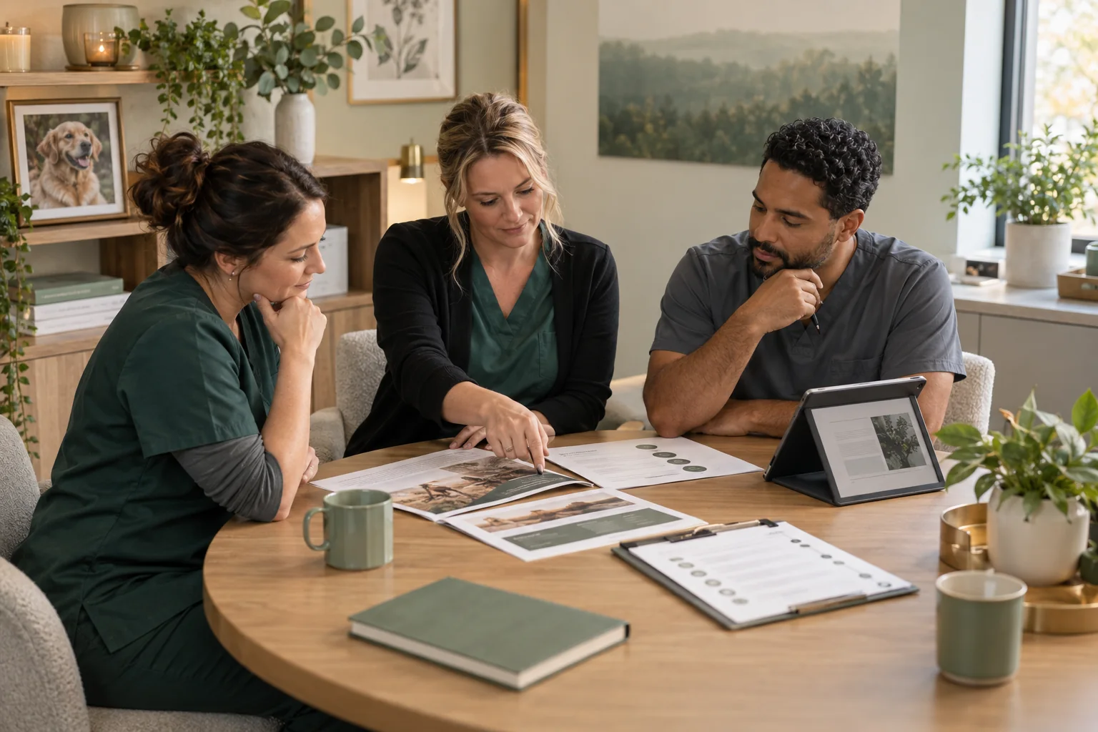 Veterinary and aftercare professionals reviewing pet-loss support materials with Golden Retriever imagery
