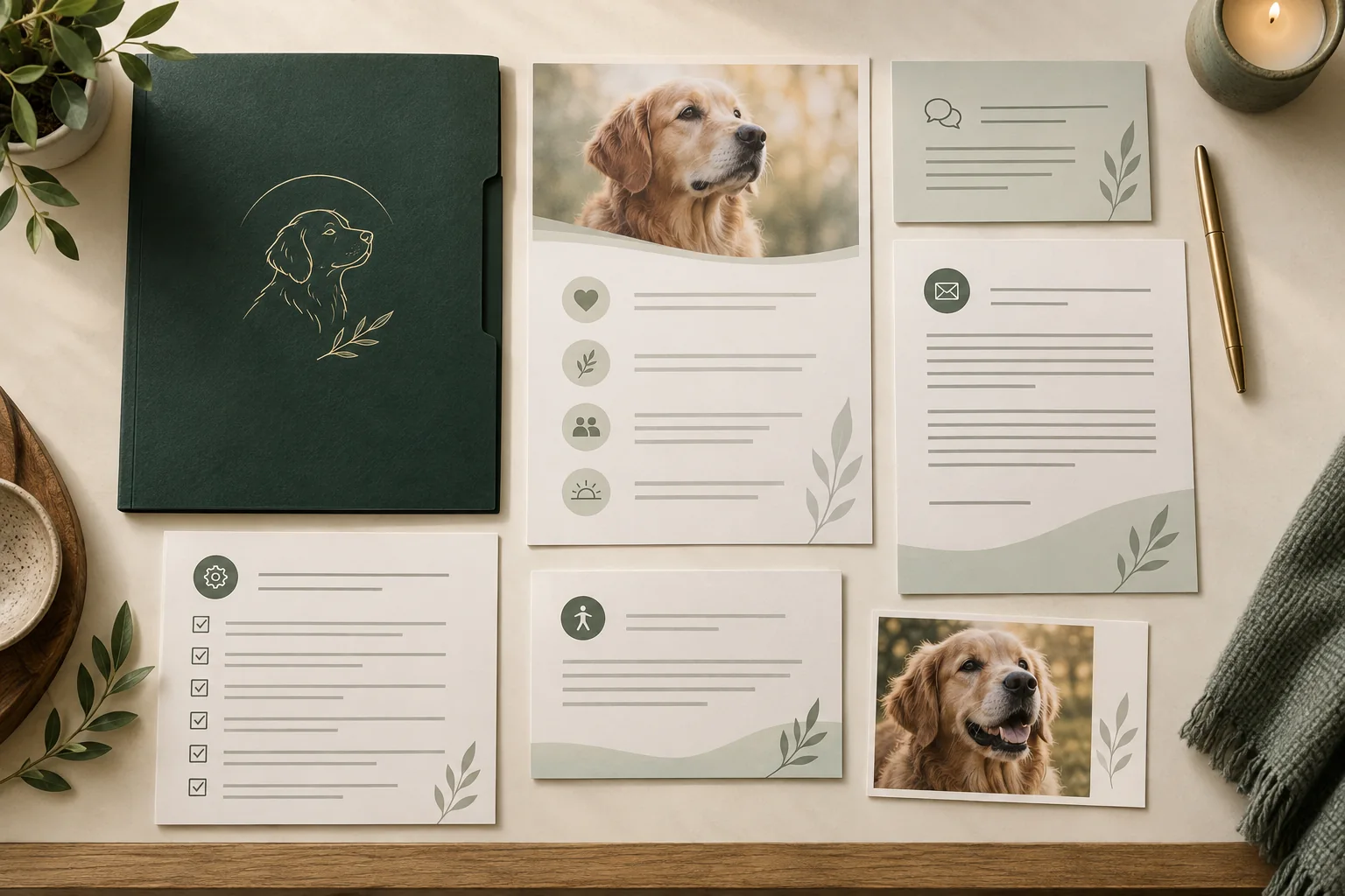 Professional aftercare toolkit with Golden Retriever imagery, staff guides, and client handouts