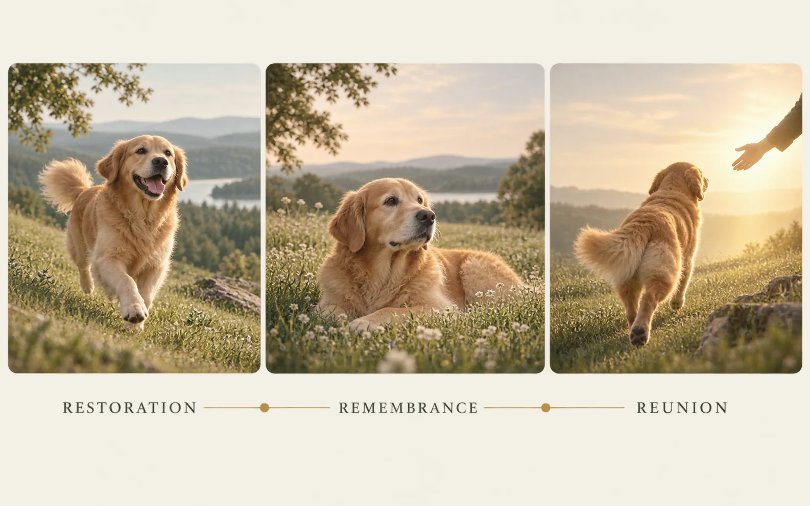Golden Retriever visual explaining Restoration, Remembrance, and Reunion in the Rainbow Bridge poem
